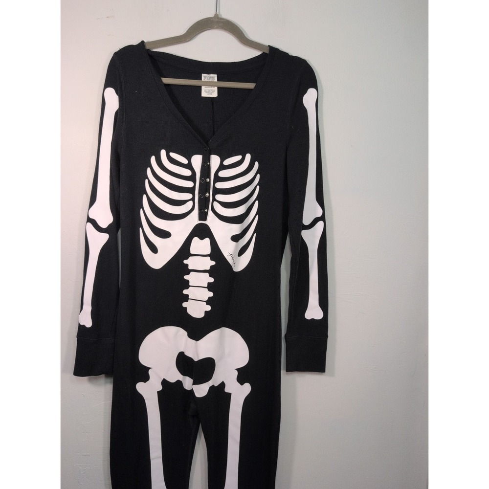 VICTORIA'S SECRET PINK L HALLOWEEN SKELETON BONES THERMAL LONG JANE PAJAMAS - Picture 4 of 9